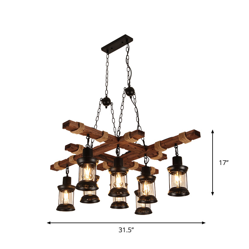 2/6/8 Lights Lantern Pendant Lamp Farmhouse Brown Clear Glass Island Light with Circle/Trapezoid/Crisscrossed Wood Arm Clearhalo 'Ceiling Lights' 'Island Lights' Lighting' 1917279
