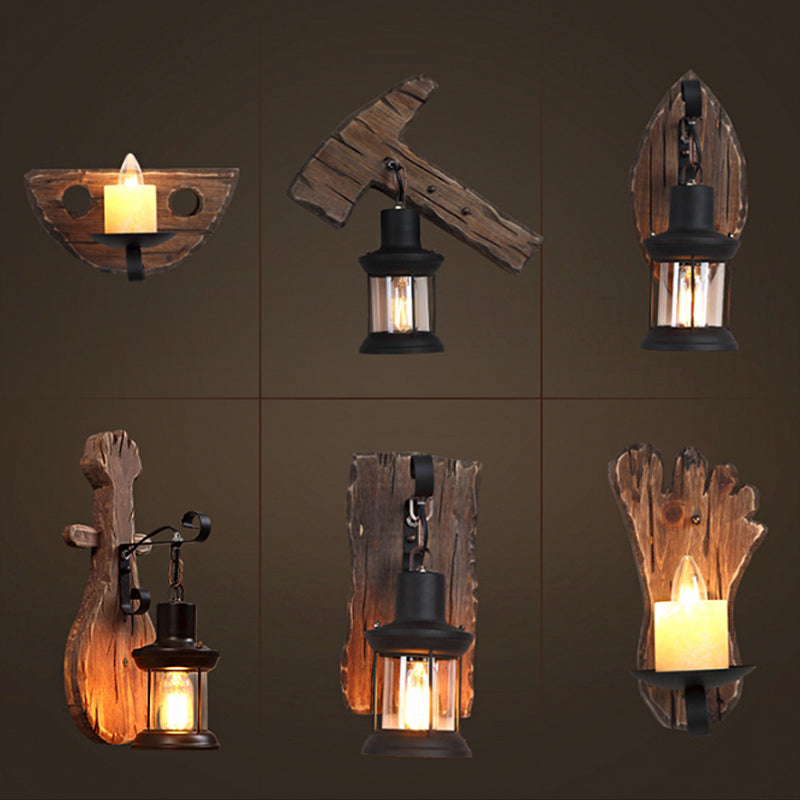 1-Light Lantern Wall Light Kit Countryside Brown Clear Glass Wall Hanging Lamp with Rectangle/Semicircle Wood Backplate Clearhalo 'Industrial wall lights' 'Industrial' 'Middle century wall lights' 'Rustic wall lights' 'Tiffany' 'Wall Lamps & Sconces' 'Wall Lights' Lighting' 1917280
