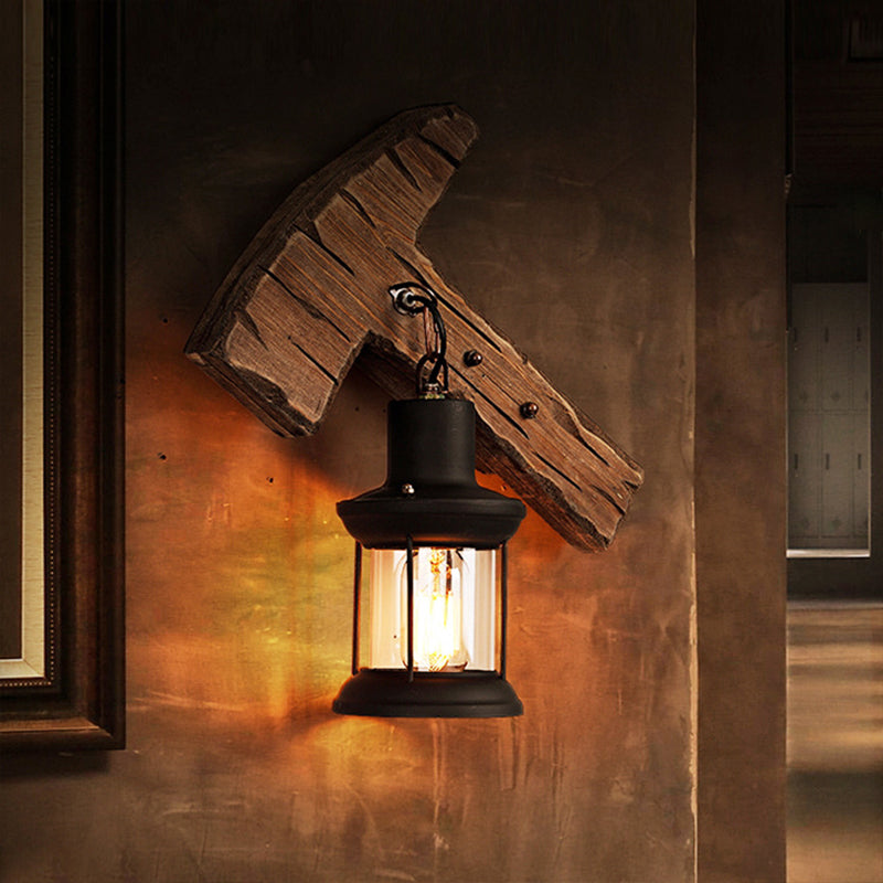1-Light Lantern Wall Light Kit Countryside Brown Clear Glass Wall Hanging Lamp with Rectangle/Semicircle Wood Backplate Brown B Clearhalo 'Industrial wall lights' 'Industrial' 'Middle century wall lights' 'Rustic wall lights' 'Tiffany' 'Wall Lamps & Sconces' 'Wall Lights' Lighting' 1917281