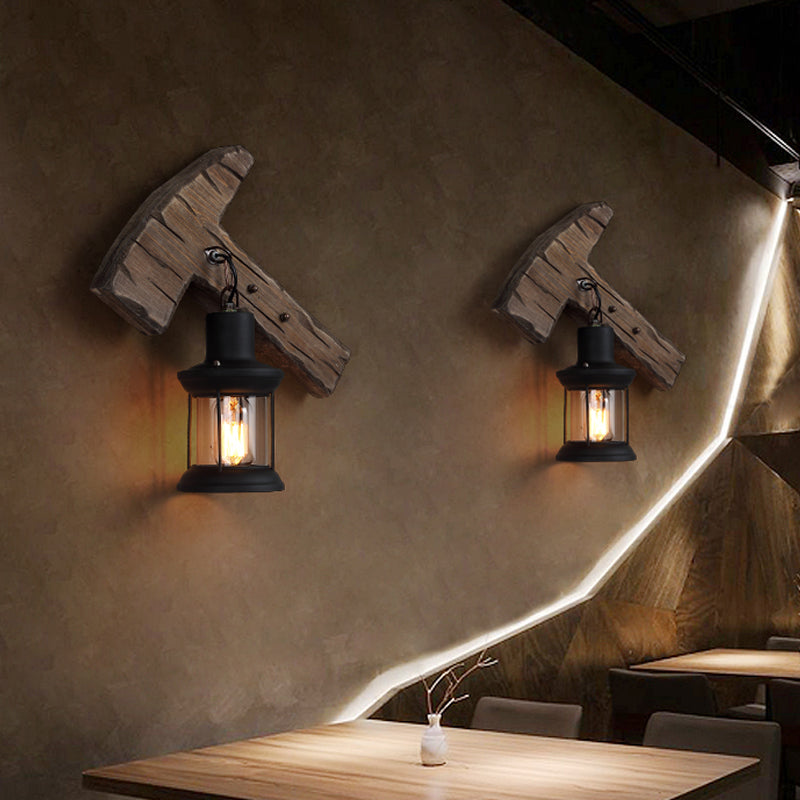 1-Light Lantern Wall Light Kit Countryside Brown Clear Glass Wall Hanging Lamp with Rectangle/Semicircle Wood Backplate Clearhalo 'Industrial wall lights' 'Industrial' 'Middle century wall lights' 'Rustic wall lights' 'Tiffany' 'Wall Lamps & Sconces' 'Wall Lights' Lighting' 1917282