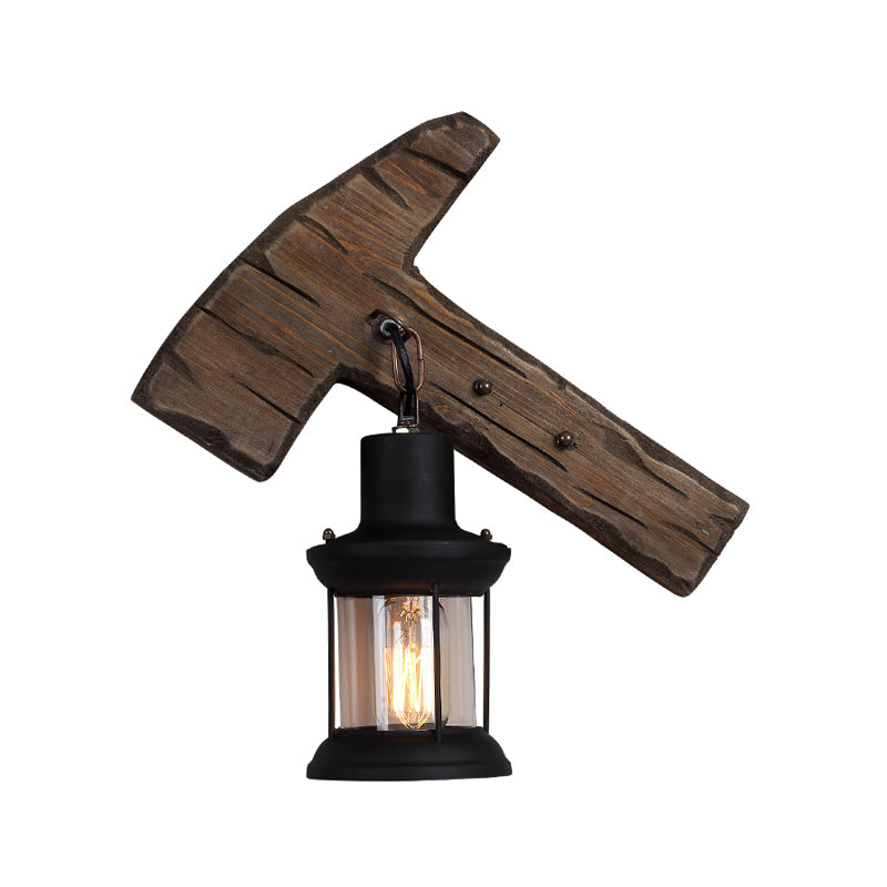 1-Light Lantern Wall Light Kit Countryside Brown Clear Glass Wall Hanging Lamp with Rectangle/Semicircle Wood Backplate Clearhalo 'Industrial wall lights' 'Industrial' 'Middle century wall lights' 'Rustic wall lights' 'Tiffany' 'Wall Lamps & Sconces' 'Wall Lights' Lighting' 1917283