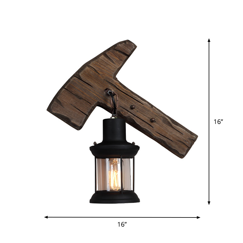 1-Light Lantern Wall Light Kit Countryside Brown Clear Glass Wall Hanging Lamp with Rectangle/Semicircle Wood Backplate Clearhalo 'Industrial wall lights' 'Industrial' 'Middle century wall lights' 'Rustic wall lights' 'Tiffany' 'Wall Lamps & Sconces' 'Wall Lights' Lighting' 1917284