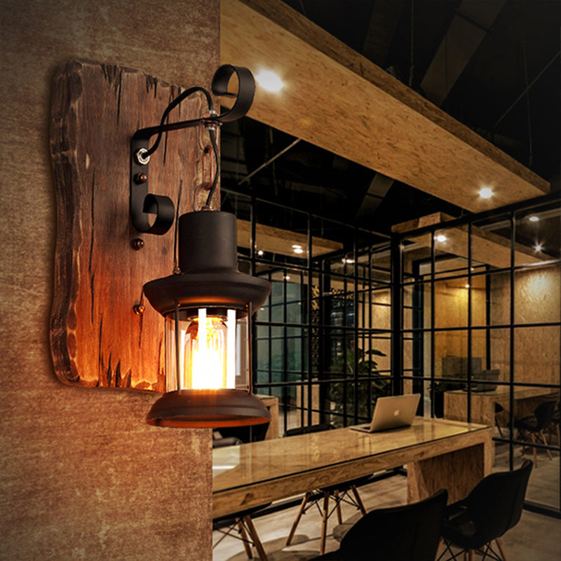 1-Light Lantern Wall Light Kit Countryside Brown Clear Glass Wall Hanging Lamp with Rectangle/Semicircle Wood Backplate Brown C Clearhalo 'Industrial wall lights' 'Industrial' 'Middle century wall lights' 'Rustic wall lights' 'Tiffany' 'Wall Lamps & Sconces' 'Wall Lights' Lighting' 1917285