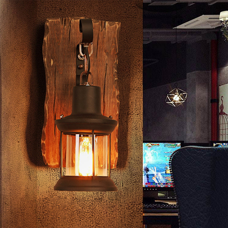 1-Light Lantern Wall Light Kit Countryside Brown Clear Glass Wall Hanging Lamp with Rectangle/Semicircle Wood Backplate Clearhalo 'Industrial wall lights' 'Industrial' 'Middle century wall lights' 'Rustic wall lights' 'Tiffany' 'Wall Lamps & Sconces' 'Wall Lights' Lighting' 1917286
