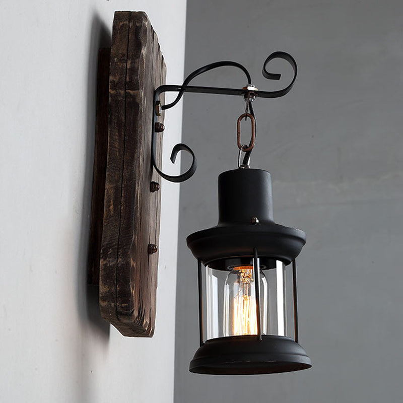 1-Light Lantern Wall Light Kit Countryside Brown Clear Glass Wall Hanging Lamp with Rectangle/Semicircle Wood Backplate Clearhalo 'Industrial wall lights' 'Industrial' 'Middle century wall lights' 'Rustic wall lights' 'Tiffany' 'Wall Lamps & Sconces' 'Wall Lights' Lighting' 1917287