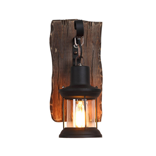1-Light Lantern Wall Light Kit Countryside Brown Clear Glass Wall Hanging Lamp with Rectangle/Semicircle Wood Backplate Clearhalo 'Industrial wall lights' 'Industrial' 'Middle century wall lights' 'Rustic wall lights' 'Tiffany' 'Wall Lamps & Sconces' 'Wall Lights' Lighting' 1917288