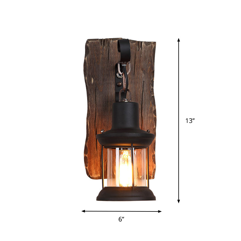 1-Light Lantern Wall Light Kit Countryside Brown Clear Glass Wall Hanging Lamp with Rectangle/Semicircle Wood Backplate Clearhalo 'Industrial wall lights' 'Industrial' 'Middle century wall lights' 'Rustic wall lights' 'Tiffany' 'Wall Lamps & Sconces' 'Wall Lights' Lighting' 1917289