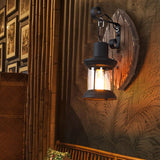 1-Light Lantern Wall Light Kit Countryside Brown Clear Glass Wall Hanging Lamp with Rectangle/Semicircle Wood Backplate Brown E Clearhalo 'Industrial wall lights' 'Industrial' 'Middle century wall lights' 'Rustic wall lights' 'Tiffany' 'Wall Lamps & Sconces' 'Wall Lights' Lighting' 1917290