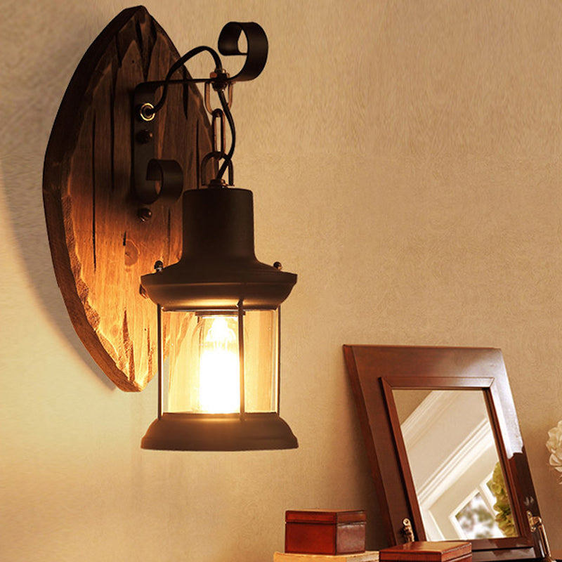 1-Light Lantern Wall Light Kit Countryside Brown Clear Glass Wall Hanging Lamp with Rectangle/Semicircle Wood Backplate Clearhalo 'Industrial wall lights' 'Industrial' 'Middle century wall lights' 'Rustic wall lights' 'Tiffany' 'Wall Lamps & Sconces' 'Wall Lights' Lighting' 1917291