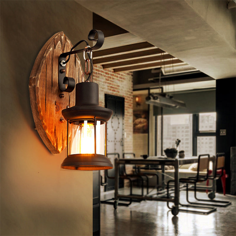 1-Light Lantern Wall Light Kit Countryside Brown Clear Glass Wall Hanging Lamp with Rectangle/Semicircle Wood Backplate Clearhalo 'Industrial wall lights' 'Industrial' 'Middle century wall lights' 'Rustic wall lights' 'Tiffany' 'Wall Lamps & Sconces' 'Wall Lights' Lighting' 1917292