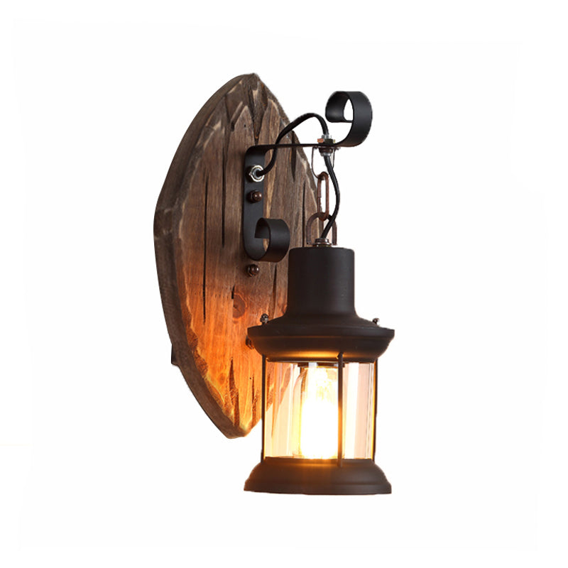 1-Light Lantern Wall Light Kit Countryside Brown Clear Glass Wall Hanging Lamp with Rectangle/Semicircle Wood Backplate Clearhalo 'Industrial wall lights' 'Industrial' 'Middle century wall lights' 'Rustic wall lights' 'Tiffany' 'Wall Lamps & Sconces' 'Wall Lights' Lighting' 1917293