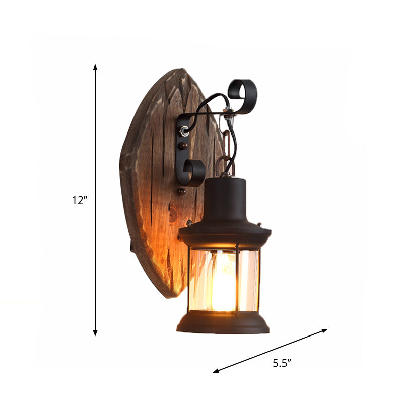 1-Light Lantern Wall Light Kit Countryside Brown Clear Glass Wall Hanging Lamp with Rectangle/Semicircle Wood Backplate Clearhalo 'Industrial wall lights' 'Industrial' 'Middle century wall lights' 'Rustic wall lights' 'Tiffany' 'Wall Lamps & Sconces' 'Wall Lights' Lighting' 1917294