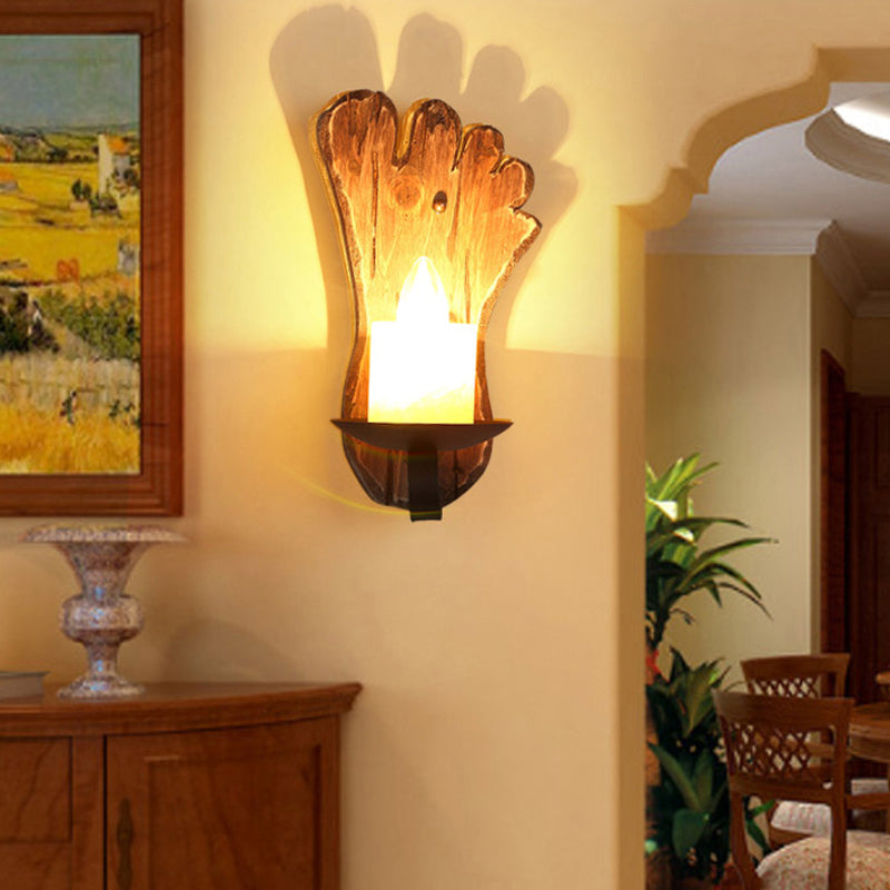 1-Light Lantern Wall Light Kit Countryside Brown Clear Glass Wall Hanging Lamp with Rectangle/Semicircle Wood Backplate Brown D Clearhalo 'Industrial wall lights' 'Industrial' 'Middle century wall lights' 'Rustic wall lights' 'Tiffany' 'Wall Lamps & Sconces' 'Wall Lights' Lighting' 1917295
