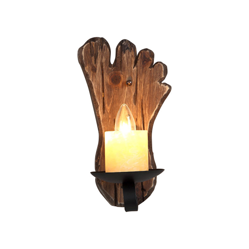 1-Light Lantern Wall Light Kit Countryside Brown Clear Glass Wall Hanging Lamp with Rectangle/Semicircle Wood Backplate Clearhalo 'Industrial wall lights' 'Industrial' 'Middle century wall lights' 'Rustic wall lights' 'Tiffany' 'Wall Lamps & Sconces' 'Wall Lights' Lighting' 1917296