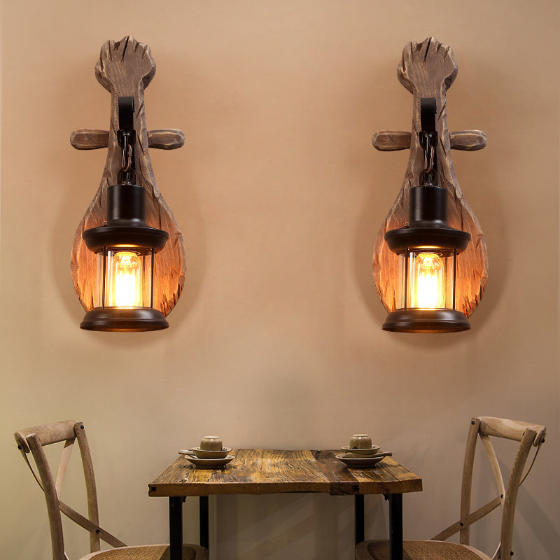 1-Light Lantern Wall Light Kit Countryside Brown Clear Glass Wall Hanging Lamp with Rectangle/Semicircle Wood Backplate Brown F Clearhalo 'Industrial wall lights' 'Industrial' 'Middle century wall lights' 'Rustic wall lights' 'Tiffany' 'Wall Lamps & Sconces' 'Wall Lights' Lighting' 1917298