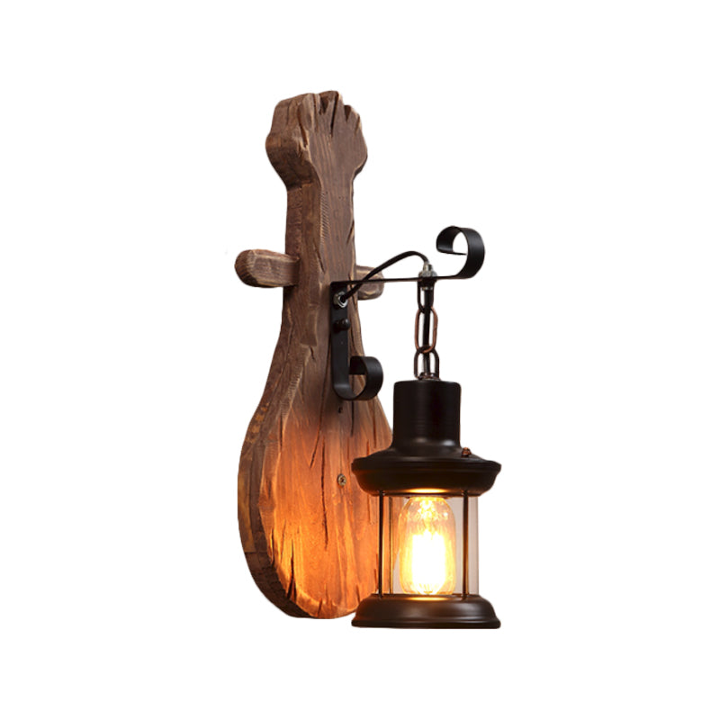 1-Light Lantern Wall Light Kit Countryside Brown Clear Glass Wall Hanging Lamp with Rectangle/Semicircle Wood Backplate Clearhalo 'Industrial wall lights' 'Industrial' 'Middle century wall lights' 'Rustic wall lights' 'Tiffany' 'Wall Lamps & Sconces' 'Wall Lights' Lighting' 1917299