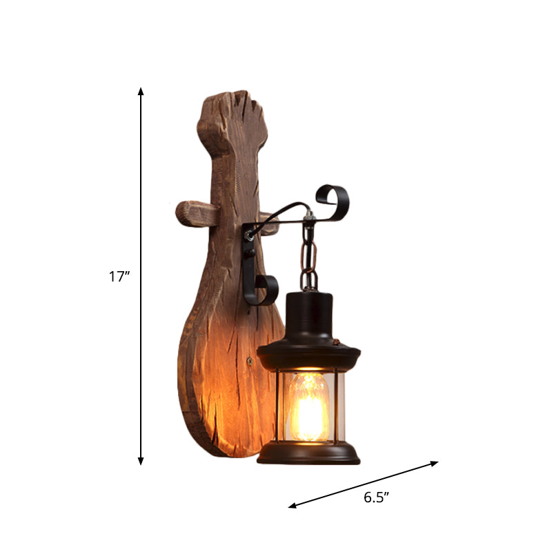 1-Light Lantern Wall Light Kit Countryside Brown Clear Glass Wall Hanging Lamp with Rectangle/Semicircle Wood Backplate Clearhalo 'Industrial wall lights' 'Industrial' 'Middle century wall lights' 'Rustic wall lights' 'Tiffany' 'Wall Lamps & Sconces' 'Wall Lights' Lighting' 1917300