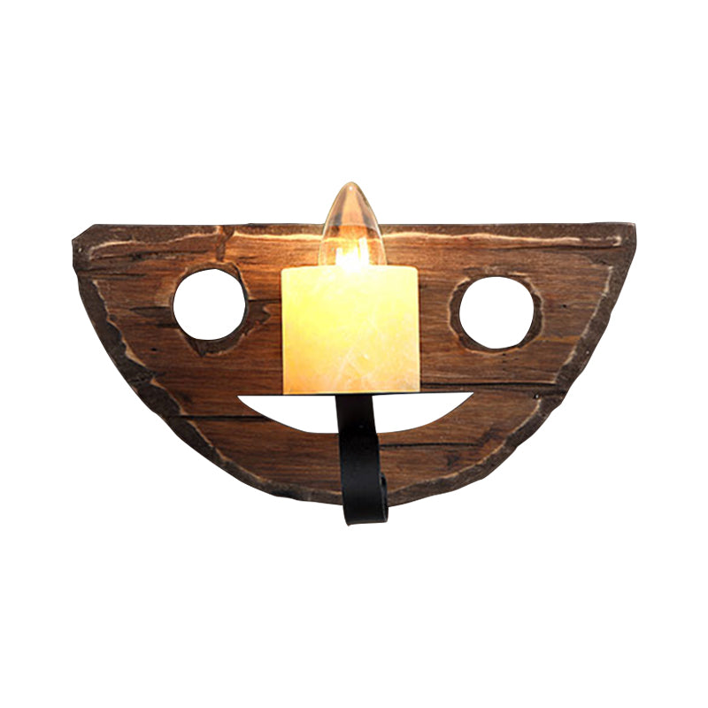 1-Light Lantern Wall Light Kit Countryside Brown Clear Glass Wall Hanging Lamp with Rectangle/Semicircle Wood Backplate Brown A Clearhalo 'Industrial wall lights' 'Industrial' 'Middle century wall lights' 'Rustic wall lights' 'Tiffany' 'Wall Lamps & Sconces' 'Wall Lights' Lighting' 1917301