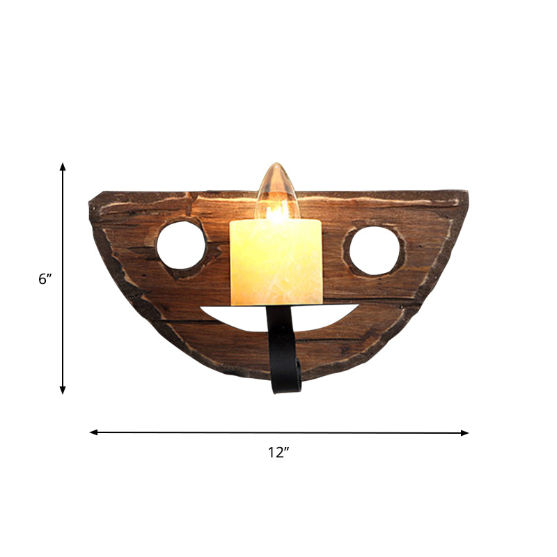 1-Light Lantern Wall Light Kit Countryside Brown Clear Glass Wall Hanging Lamp with Rectangle/Semicircle Wood Backplate Clearhalo 'Industrial wall lights' 'Industrial' 'Middle century wall lights' 'Rustic wall lights' 'Tiffany' 'Wall Lamps & Sconces' 'Wall Lights' Lighting' 1917302