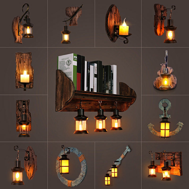 Oval/Fish Shaped Wood Wall Sconce Light Rustic 1 Head Kitchen Wall Mounted Lamp with Candle/Lantern in Brown Clearhalo 'Industrial wall lights' 'Industrial' 'Middle century wall lights' 'Rustic wall lights' 'Tiffany' 'Wall Lamps & Sconces' 'Wall Lights' Lighting' 1917303