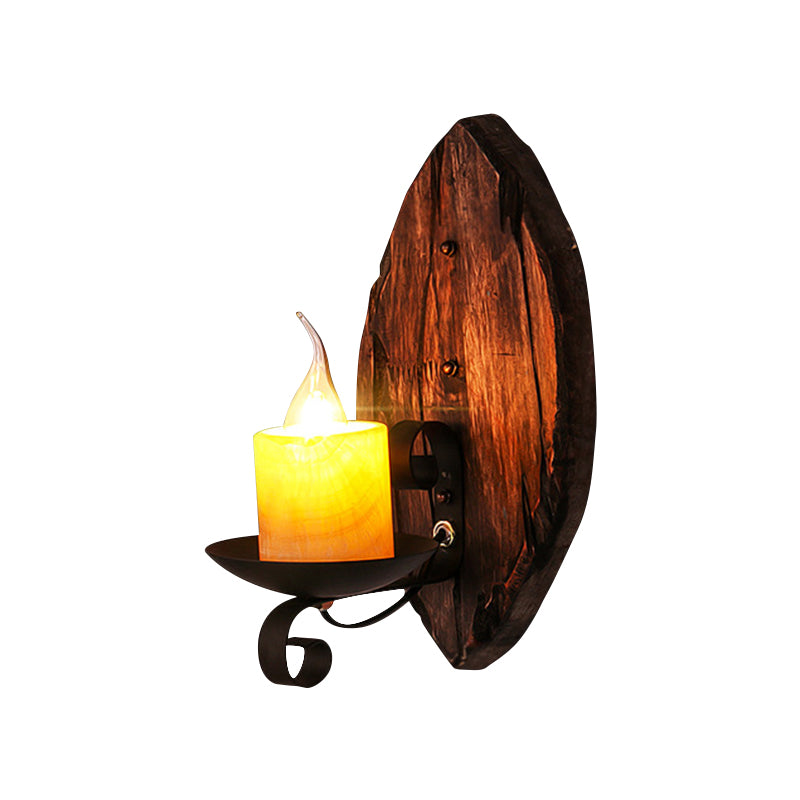 Oval/Fish Shaped Wood Wall Sconce Light Rustic 1 Head Kitchen Wall Mounted Lamp with Candle/Lantern in Brown Brown E Clearhalo 'Industrial wall lights' 'Industrial' 'Middle century wall lights' 'Rustic wall lights' 'Tiffany' 'Wall Lamps & Sconces' 'Wall Lights' Lighting' 1917311