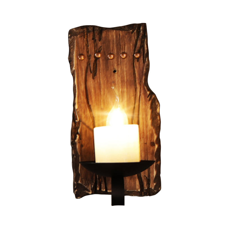 Oval/Fish Shaped Wood Wall Sconce Light Rustic 1 Head Kitchen Wall Mounted Lamp with Candle/Lantern in Brown Brown A Clearhalo 'Industrial wall lights' 'Industrial' 'Middle century wall lights' 'Rustic wall lights' 'Tiffany' 'Wall Lamps & Sconces' 'Wall Lights' Lighting' 1917319