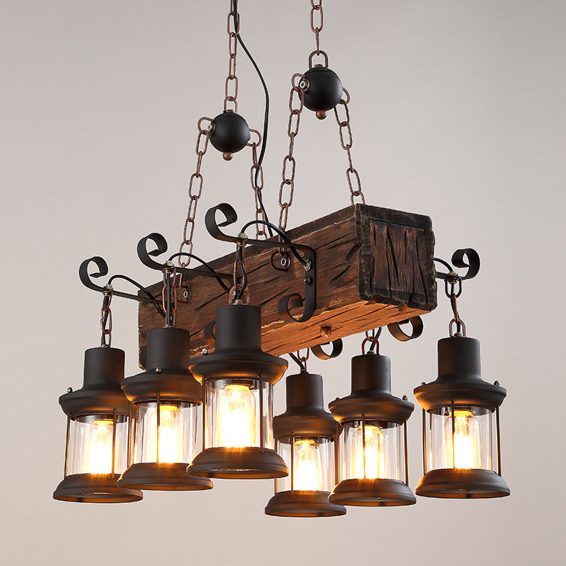 Clear Glass Brown Island Lamp Lantern 6 Lights Farmhouse Ceiling Pendant Light with Wood Block Top Brown Clearhalo 'Ceiling Lights' 'Island Lights' Lighting' 1917321