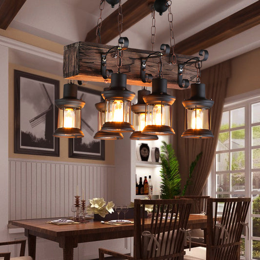 Clear Glass Brown Island Lamp Lantern 6 Lights Farmhouse Ceiling Pendant Light with Wood Block Top Clearhalo 'Ceiling Lights' 'Island Lights' Lighting' 1917322