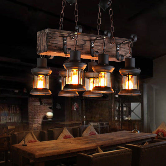 Clear Glass Brown Island Lamp Lantern 6 Lights Farmhouse Ceiling Pendant Light with Wood Block Top Clearhalo 'Ceiling Lights' 'Island Lights' Lighting' 1917323