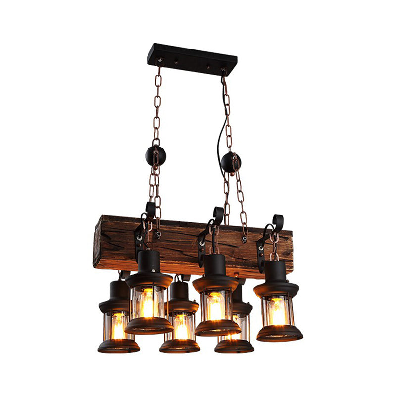 Clear Glass Brown Island Lamp Lantern 6 Lights Farmhouse Ceiling Pendant Light with Wood Block Top Clearhalo 'Ceiling Lights' 'Island Lights' Lighting' 1917324