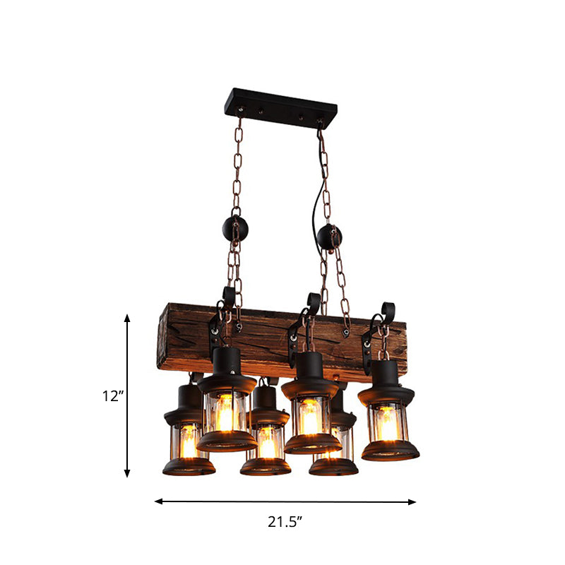 Clear Glass Brown Island Lamp Lantern 6 Lights Farmhouse Ceiling Pendant Light with Wood Block Top Clearhalo 'Ceiling Lights' 'Island Lights' Lighting' 1917325