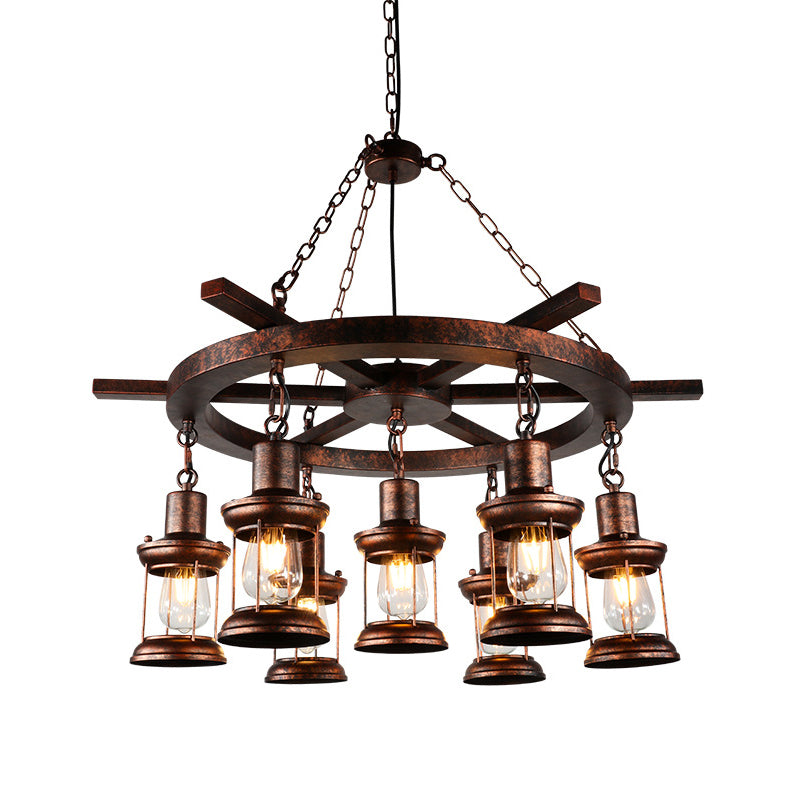 Nautical Circle/Wheel Hanging Light Kit 3/7 Heads Metallic Chandelier Pendant with Lantern and Rope Cord in Copper Clearhalo 'Carpenter Chandeliers' 'Ceiling Lights' 'Chandeliers' 'Industrial Chandeliers' 'Industrial' 'Middle Century Chandeliers' 'Modern' 'Tiffany' Lighting' 1917327