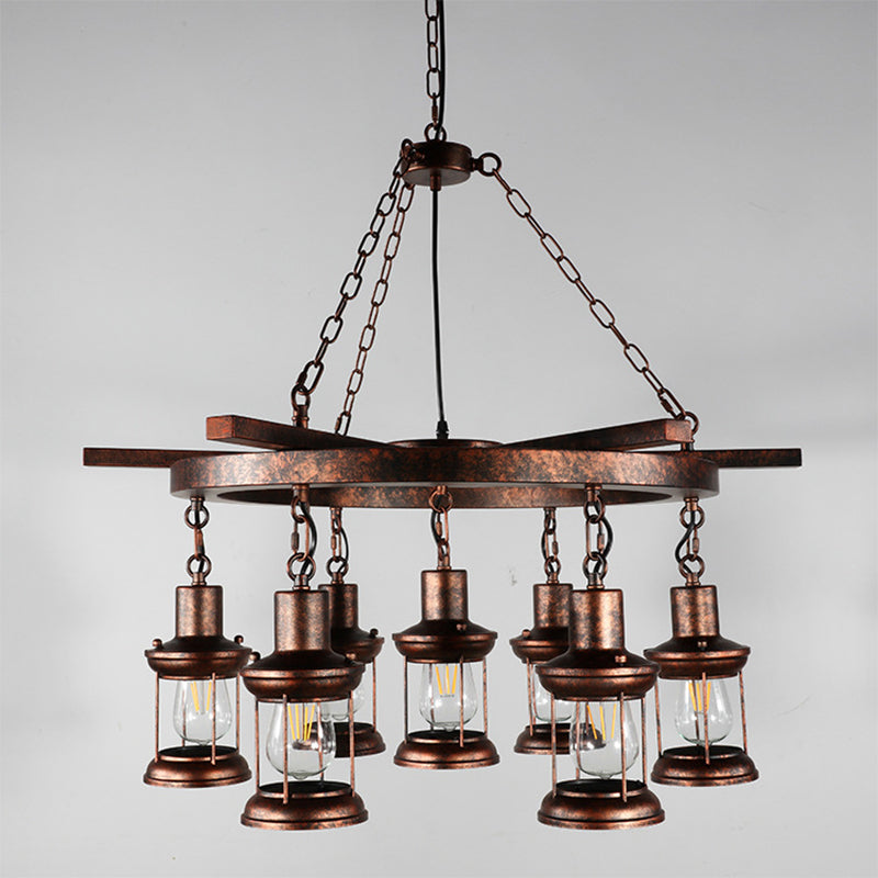 Nautical Circle/Wheel Hanging Light Kit 3/7 Heads Metallic Chandelier Pendant with Lantern and Rope Cord in Copper Clearhalo 'Carpenter Chandeliers' 'Ceiling Lights' 'Chandeliers' 'Industrial Chandeliers' 'Industrial' 'Middle Century Chandeliers' 'Modern' 'Tiffany' Lighting' 1917328