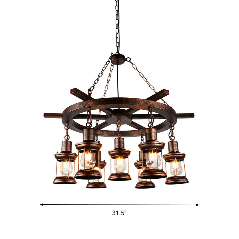 Nautical Circle/Wheel Hanging Light Kit 3/7 Heads Metallic Chandelier Pendant with Lantern and Rope Cord in Copper Clearhalo 'Carpenter Chandeliers' 'Ceiling Lights' 'Chandeliers' 'Industrial Chandeliers' 'Industrial' 'Middle Century Chandeliers' 'Modern' 'Tiffany' Lighting' 1917329