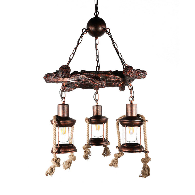 Nautical Circle/Wheel Hanging Light Kit 3/7 Heads Metallic Chandelier Pendant with Lantern and Rope Cord in Copper Clearhalo 'Carpenter Chandeliers' 'Ceiling Lights' 'Chandeliers' 'Industrial Chandeliers' 'Industrial' 'Middle Century Chandeliers' 'Modern' 'Tiffany' Lighting' 1917331