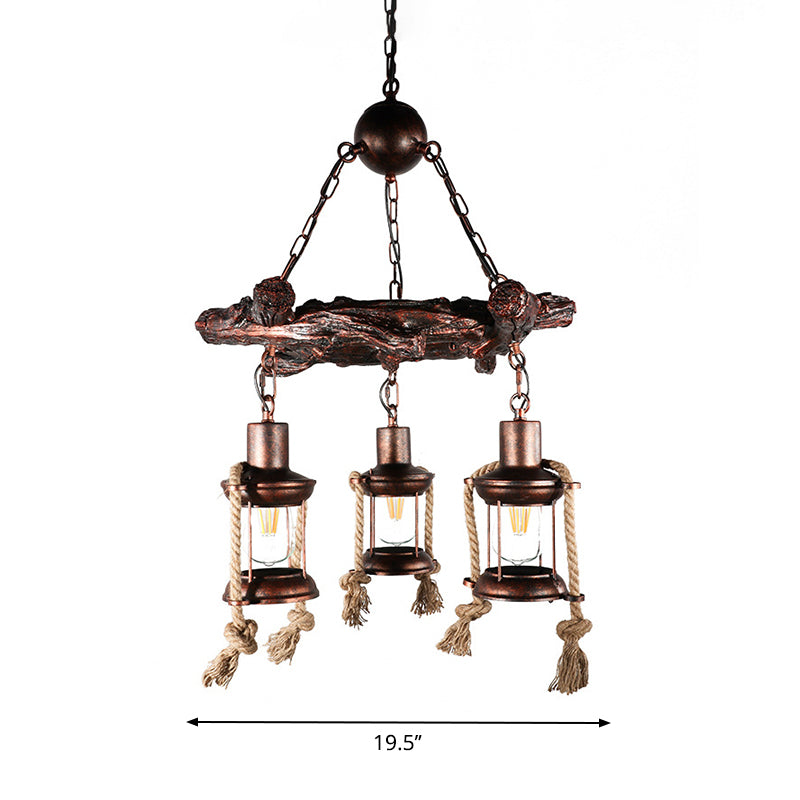 Nautical Circle/Wheel Hanging Light Kit 3/7 Heads Metallic Chandelier Pendant with Lantern and Rope Cord in Copper Clearhalo 'Carpenter Chandeliers' 'Ceiling Lights' 'Chandeliers' 'Industrial Chandeliers' 'Industrial' 'Middle Century Chandeliers' 'Modern' 'Tiffany' Lighting' 1917332