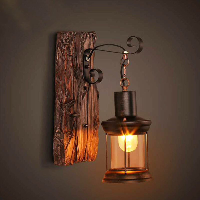 Brown Lantern Wall Hanging Light Nautical Wood Single-Bulb Bistro Wall Mounted Lighting Fixture Brown Clearhalo 'Industrial wall lights' 'Industrial' 'Middle century wall lights' 'Rustic wall lights' 'Tiffany' 'Wall Lamps & Sconces' 'Wall Lights' Lighting' 1917333