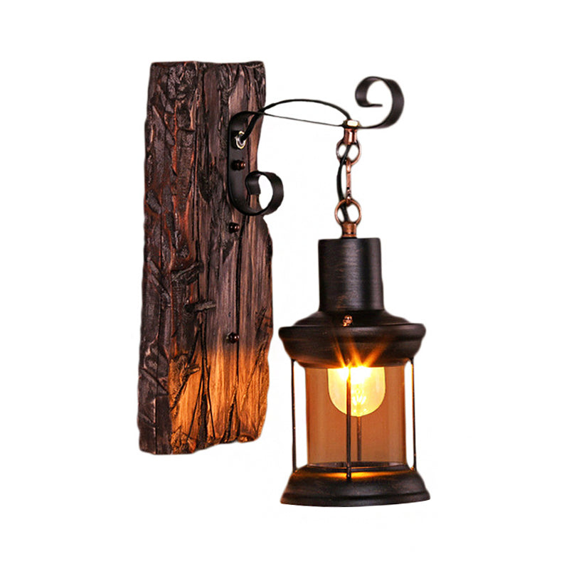 Brown Lantern Wall Hanging Light Nautical Wood Single-Bulb Bistro Wall Mounted Lighting Fixture Clearhalo 'Industrial wall lights' 'Industrial' 'Middle century wall lights' 'Rustic wall lights' 'Tiffany' 'Wall Lamps & Sconces' 'Wall Lights' Lighting' 1917336