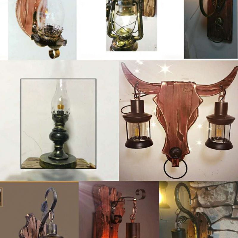 1/2-Light Clear Glass Wall Sconce Rustic Brown Lantern/Kerosene Kitchen Wall Mounted Light with Ox/Oval Wood Backplate Clearhalo 'Industrial wall lights' 'Industrial' 'Middle century wall lights' 'Rustic wall lights' 'Tiffany' 'Wall Lamps & Sconces' 'Wall Lights' Lighting' 1917338