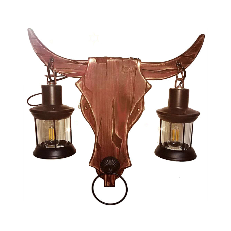 1/2-Light Clear Glass Wall Sconce Rustic Brown Lantern/Kerosene Kitchen Wall Mounted Light with Ox/Oval Wood Backplate Clearhalo 'Industrial wall lights' 'Industrial' 'Middle century wall lights' 'Rustic wall lights' 'Tiffany' 'Wall Lamps & Sconces' 'Wall Lights' Lighting' 1917340
