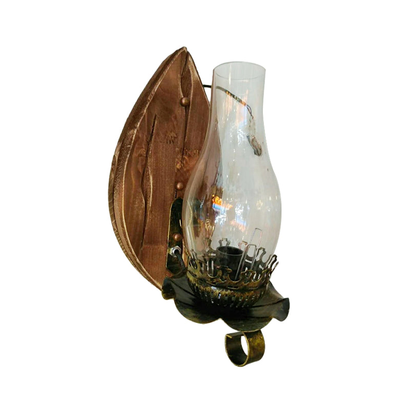 1/2-Light Clear Glass Wall Sconce Rustic Brown Lantern/Kerosene Kitchen Wall Mounted Light with Ox/Oval Wood Backplate Clearhalo 'Industrial wall lights' 'Industrial' 'Middle century wall lights' 'Rustic wall lights' 'Tiffany' 'Wall Lamps & Sconces' 'Wall Lights' Lighting' 1917343