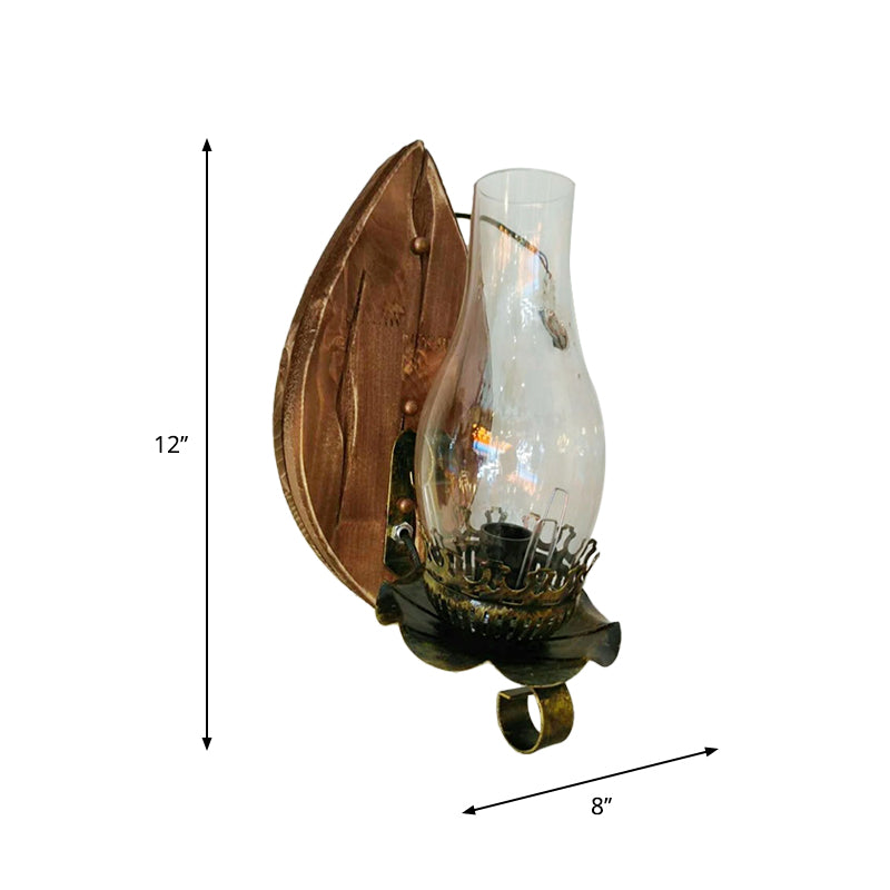 1/2-Light Clear Glass Wall Sconce Rustic Brown Lantern/Kerosene Kitchen Wall Mounted Light with Ox/Oval Wood Backplate Clearhalo 'Industrial wall lights' 'Industrial' 'Middle century wall lights' 'Rustic wall lights' 'Tiffany' 'Wall Lamps & Sconces' 'Wall Lights' Lighting' 1917344