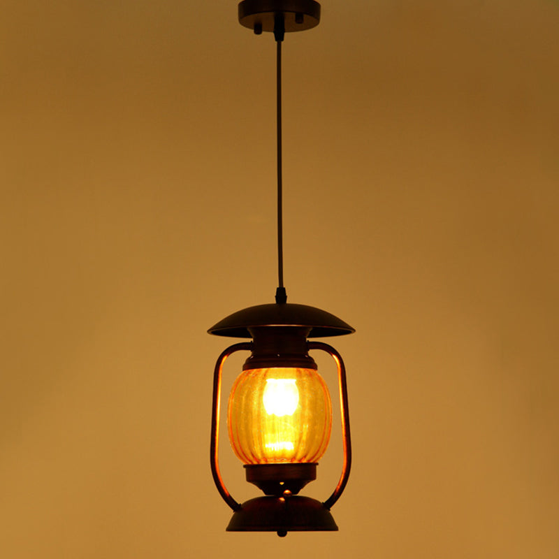 Copper 1-Light Ceiling Hang Lamp Farmhouse Amber Ribbed Glass Lantern Drop Pendant over Table Clearhalo 'Art Deco Pendants' 'Cast Iron' 'Ceiling Lights' 'Ceramic' 'Crystal' 'Industrial Pendants' 'Industrial' 'Metal' 'Middle Century Pendants' 'Pendant Lights' 'Pendants' 'Tiffany' Lighting' 1917356