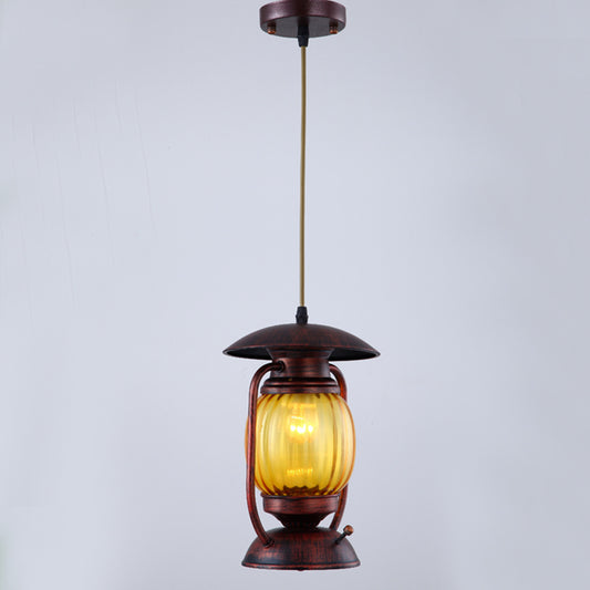 Copper 1-Light Ceiling Hang Lamp Farmhouse Amber Ribbed Glass Lantern Drop Pendant over Table Clearhalo 'Art Deco Pendants' 'Cast Iron' 'Ceiling Lights' 'Ceramic' 'Crystal' 'Industrial Pendants' 'Industrial' 'Metal' 'Middle Century Pendants' 'Pendant Lights' 'Pendants' 'Tiffany' Lighting' 1917357
