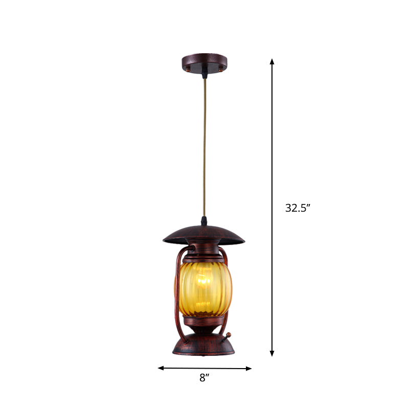 Copper 1-Light Ceiling Hang Lamp Farmhouse Amber Ribbed Glass Lantern Drop Pendant over Table Clearhalo 'Art Deco Pendants' 'Cast Iron' 'Ceiling Lights' 'Ceramic' 'Crystal' 'Industrial Pendants' 'Industrial' 'Metal' 'Middle Century Pendants' 'Pendant Lights' 'Pendants' 'Tiffany' Lighting' 1917359