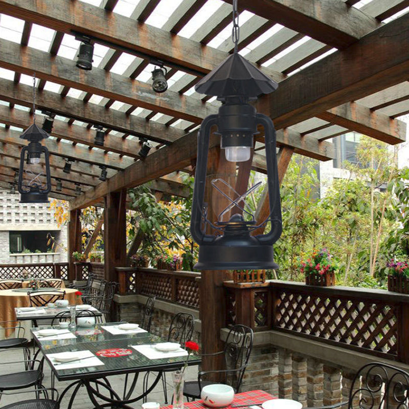 Clear/Frosted Glass Kerosene Pendant Light Rustic 1 Bulb Dining Room Ceiling Suspension Lamp in Bronze/Copper/Black Black B Clearhalo 'Art Deco Pendants' 'Black' 'Cast Iron' 'Ceiling Lights' 'Ceramic' 'Crystal' 'Industrial Pendants' 'Industrial' 'Metal' 'Middle Century Pendants' 'Pendant Lights' 'Pendants' 'Rustic Pendants' 'Tiffany' Lighting' 1917365