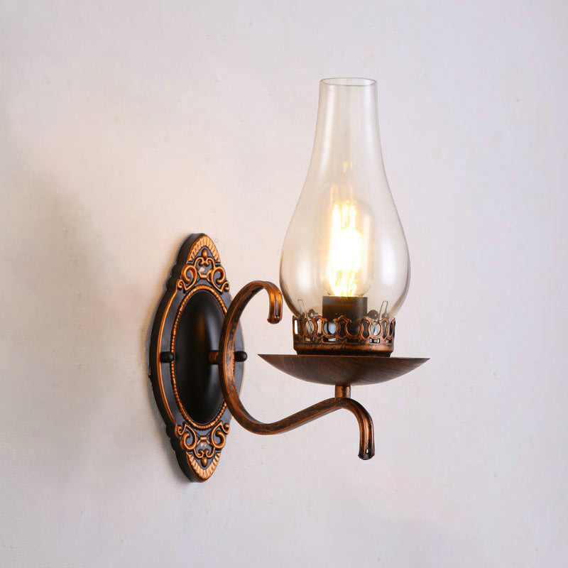 Single-Bulb Wall Lamp Industrial Corridor Wall Mounted Light with Kerosene Clear/Frosted Glass Shade in Copper/Bronze Brass B Clearhalo 'Art deco wall lights' 'Cast Iron' 'Glass' 'Industrial wall lights' 'Industrial' 'Middle century wall lights' 'Modern' 'Rustic wall lights' 'Tiffany' 'Traditional wall lights' 'Wall Lamps & Sconces' 'Wall Lights' Lighting' 1917404