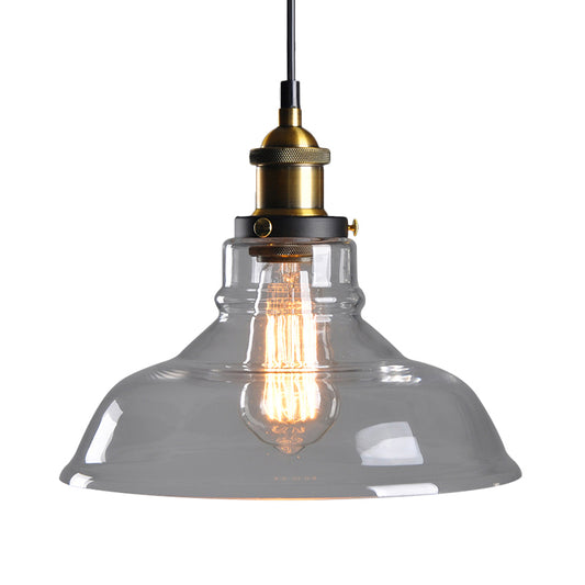Clear/Smoke Grey Glass Barn Pendant Lamp Country Style 1 Head Dining Room Hanging Light in Brass and Black Clear Clearhalo 'Ceiling Lights' 'Glass shade' 'Glass' 'Industrial Pendants' 'Industrial' 'Middle Century Pendants' 'Pendant Lights' 'Pendants' 'Tiffany' Lighting' 1917430