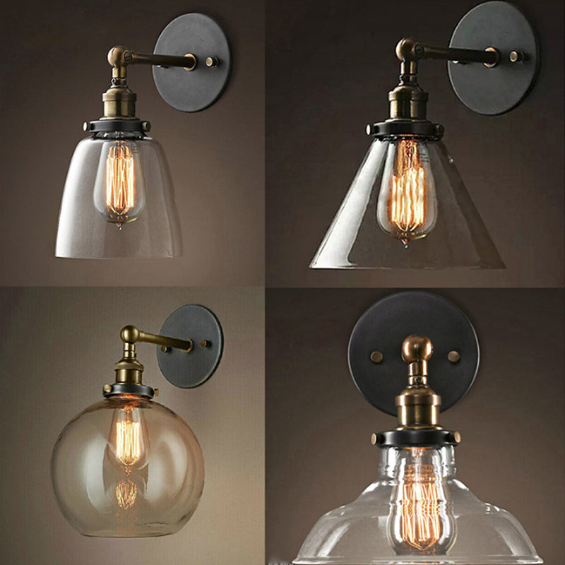 Clear Glass Sphere/Cone Wall Light Kit Industrial 1 Light Kitchen Wall Mounted Lamp with Adjustable Joint in Black-Brass Clearhalo 'Cast Iron' 'Glass' 'Industrial wall lights' 'Industrial' 'Middle century wall lights' 'Modern' 'Tiffany' 'Traditional wall lights' 'Wall Lamps & Sconces' 'Wall Lights' Lighting' 1917455