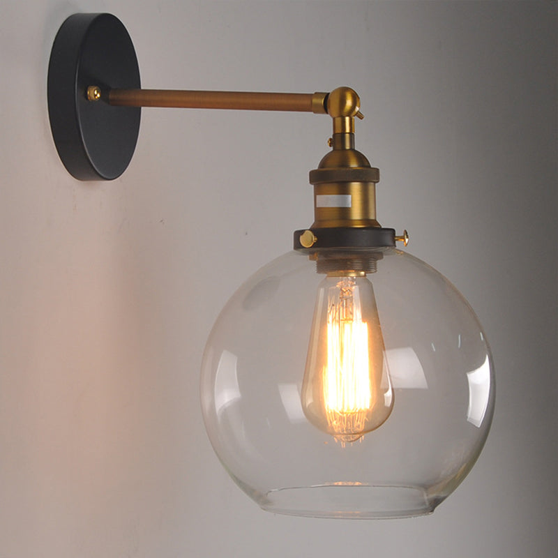 Clear Glass Sphere/Cone Wall Light Kit Industrial 1 Light Kitchen Wall Mounted Lamp with Adjustable Joint in Black-Brass Clear A Clearhalo 'Cast Iron' 'Glass' 'Industrial wall lights' 'Industrial' 'Middle century wall lights' 'Modern' 'Tiffany' 'Traditional wall lights' 'Wall Lamps & Sconces' 'Wall Lights' Lighting' 1917456